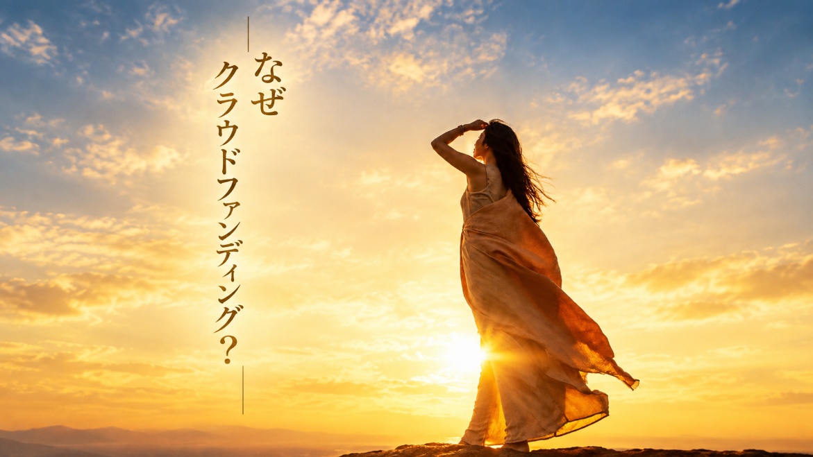 「なぜ クラウドファンディング？」の文字と、夕日の中で布をまとう女性